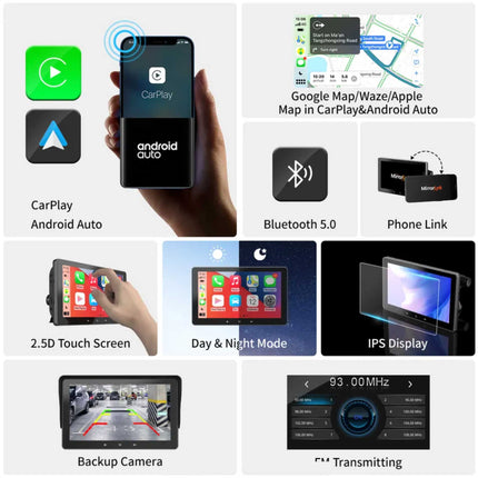 Système de navigation portable avec CarPlay et Android Auto | 7 pouces | Bluetooth | Transmetteur FM